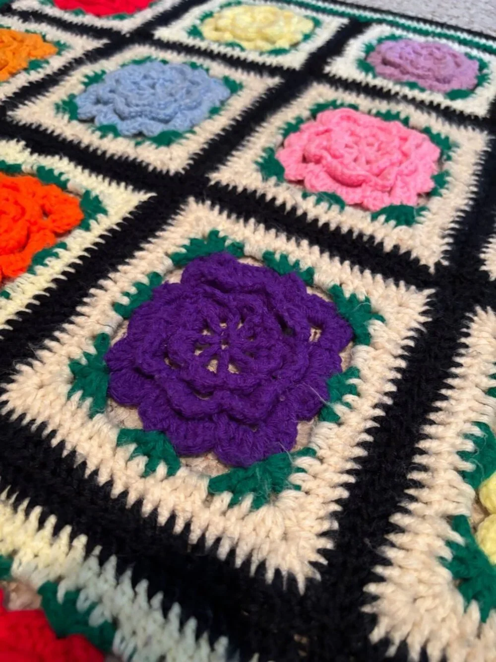 Handmade Crochet Afghan Blanket With 3D Floral Squares Multicolor Design Large T